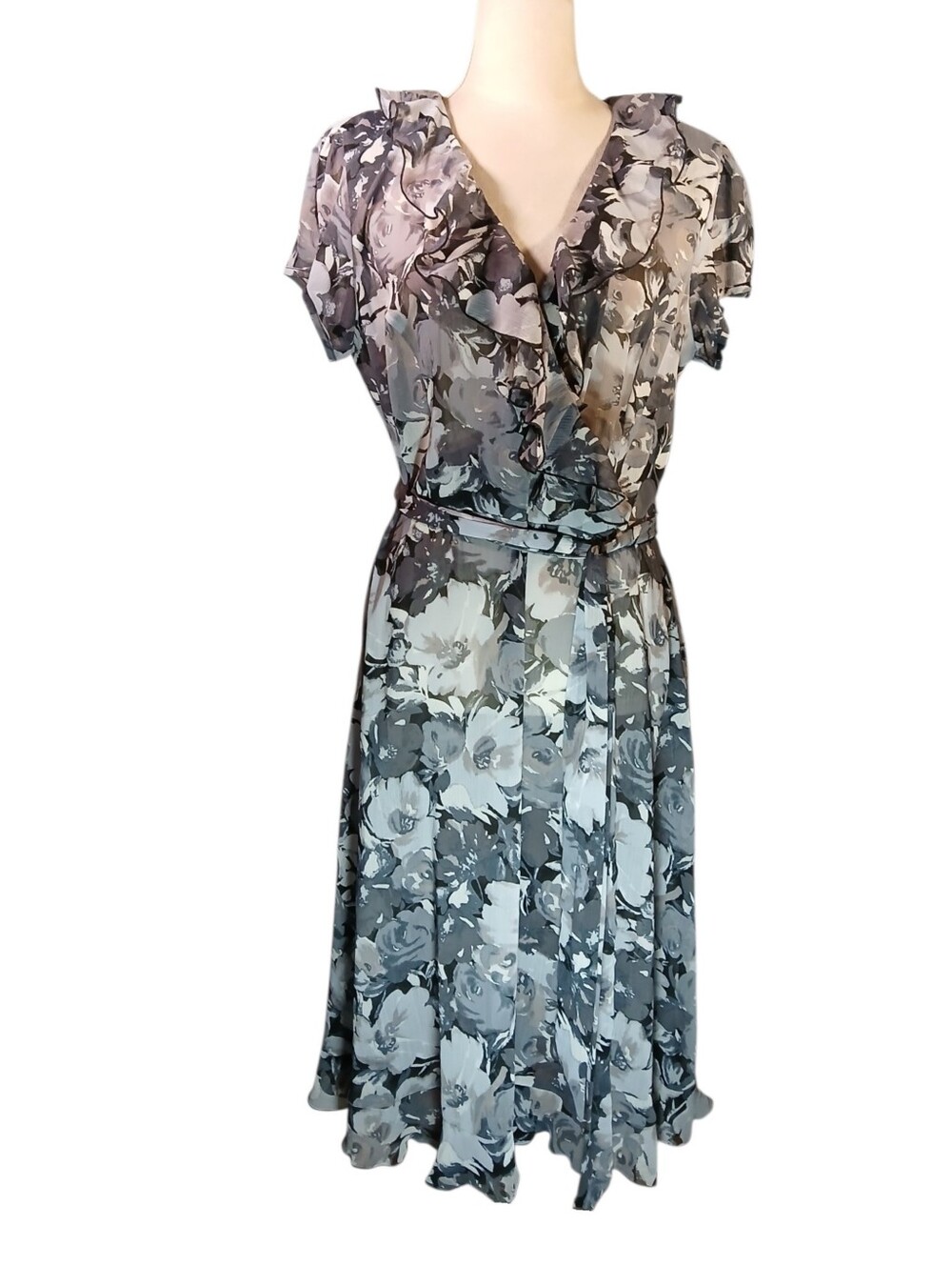 NWT MSK Sheer Faux Wrap Grey Black Print Sz 14